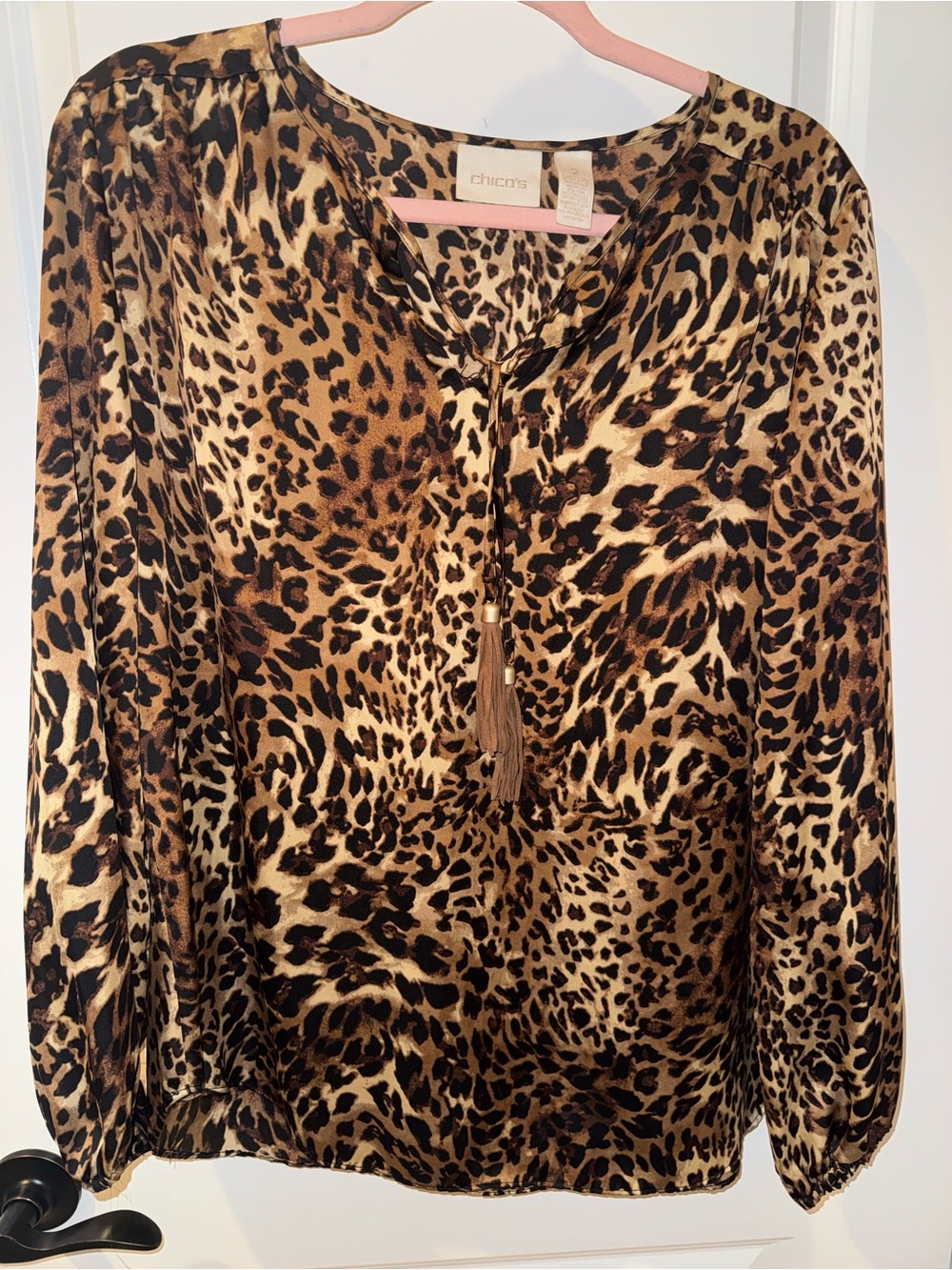 Chico's Leopard Print Tassel Tie Blouse in Brown and Black